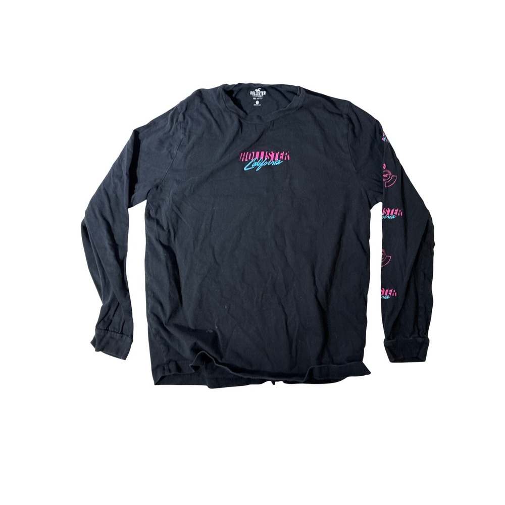 Hollister California Mens Large Black Long Sleeve Graphic Tee Neon Pink Blue L